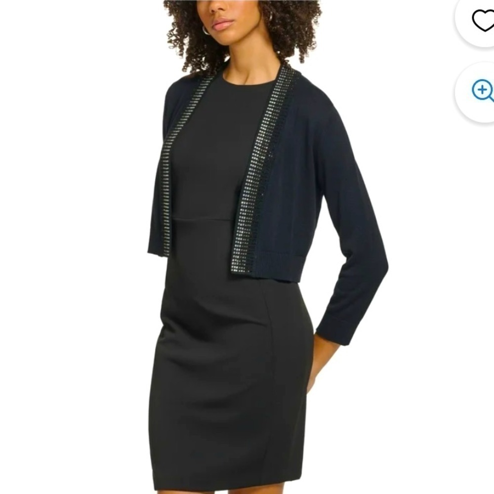 CALVIN KLEIN Black Beaded Cropped Ribbed Trim 3/4 Sleeve Open Front Cardigan | M